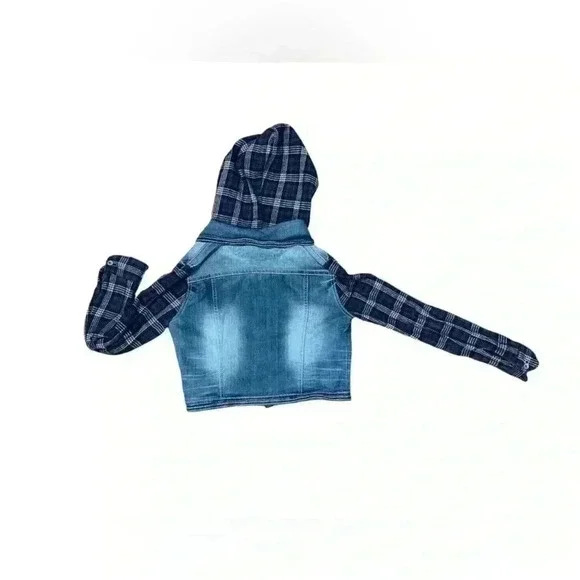 Wallflower authentic denim Jean jacket with blue and white checkered hoodie - Picture 2 of 4